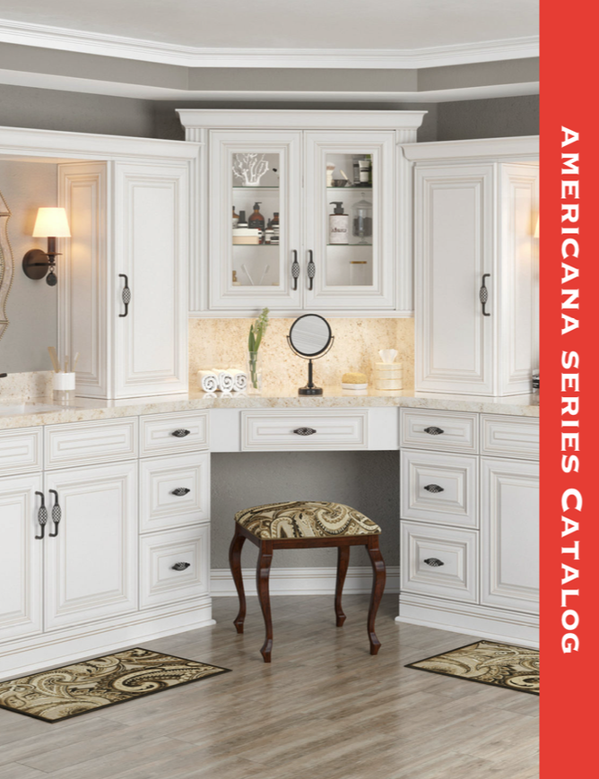 Cover photo of the Americana Series Catalog, which is showing a bathroom vanities with new white cabinets, and text at the right side which reads "Patriot Series Catalog".